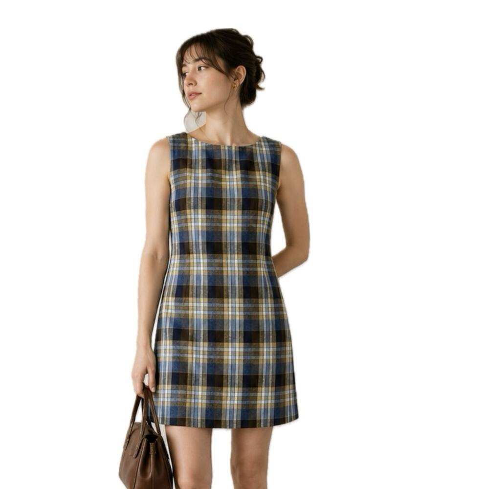 1960s Mod Plaid Linen Blend Shift Dress XS Blue Brown Sleeveless XS -